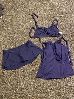 3-Piece Navy Swim Wear - Skirt, Tankini & Bikini Top, used, Kona Sol Women’s M